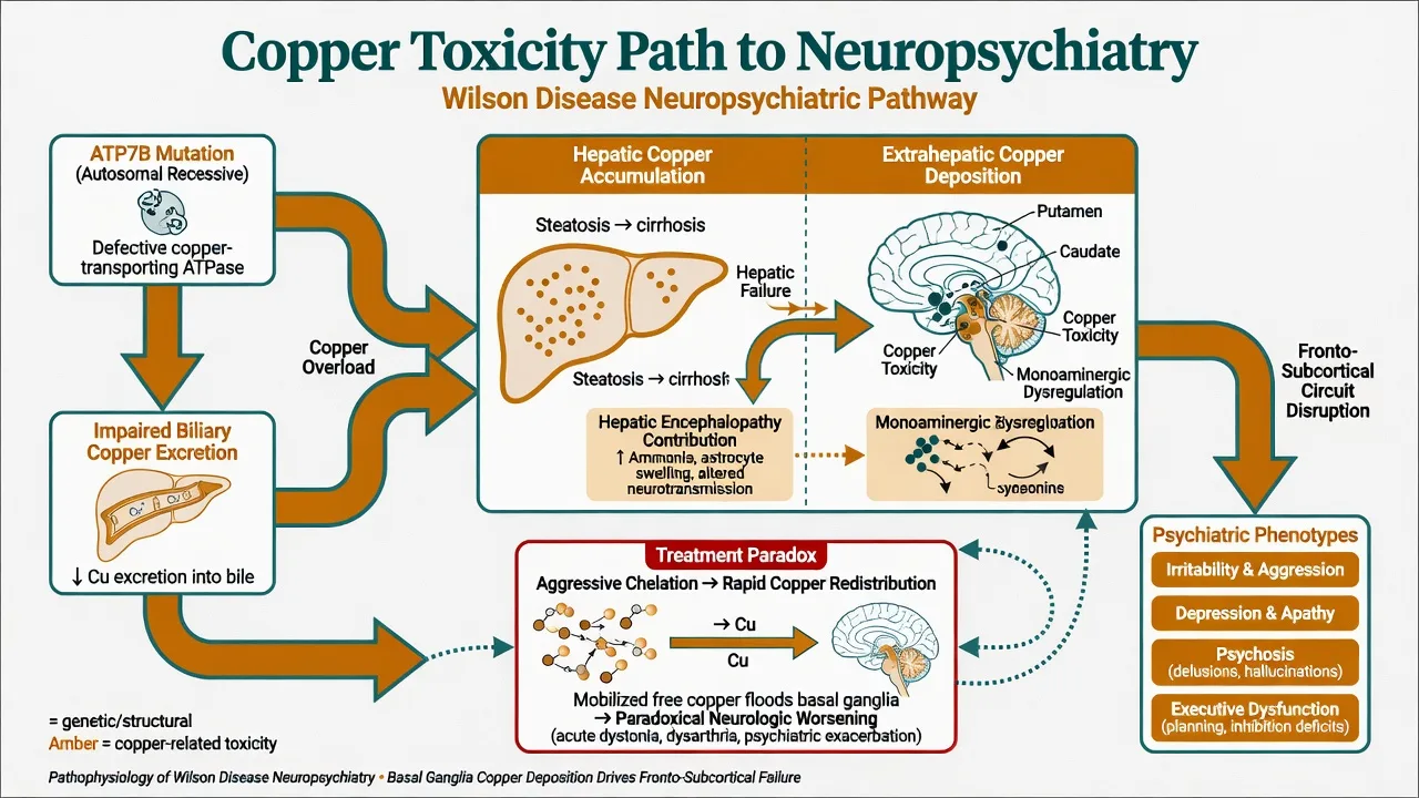 Pathophysiology pathway from ATP7B mutation through copper overload to basal ganglia injury and psychiatric phenotypes including chelation paradox