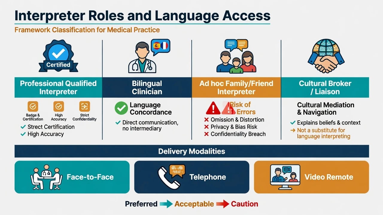Four-column framework of professional interpreter, bilingual clinician, ad hoc interpreter, and cultural broker with modality row