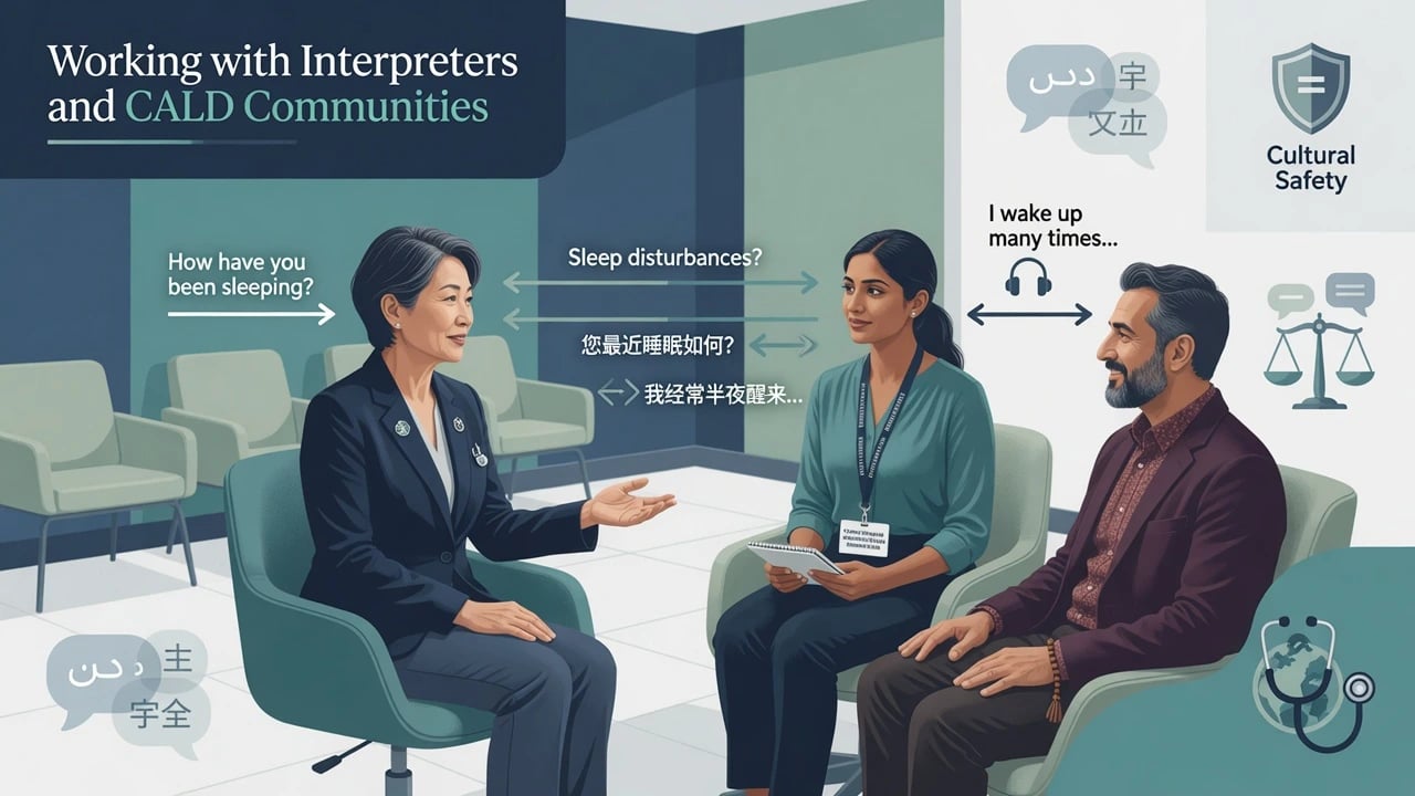 Psychiatry consultation with clinician, professional interpreter, and patient in triangular seating for language-access care