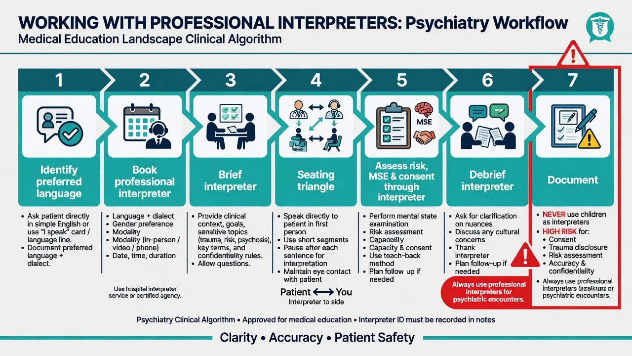 Seven-step clinical algorithm for booking briefing conducting and documenting professional interpreter use in psychiatry