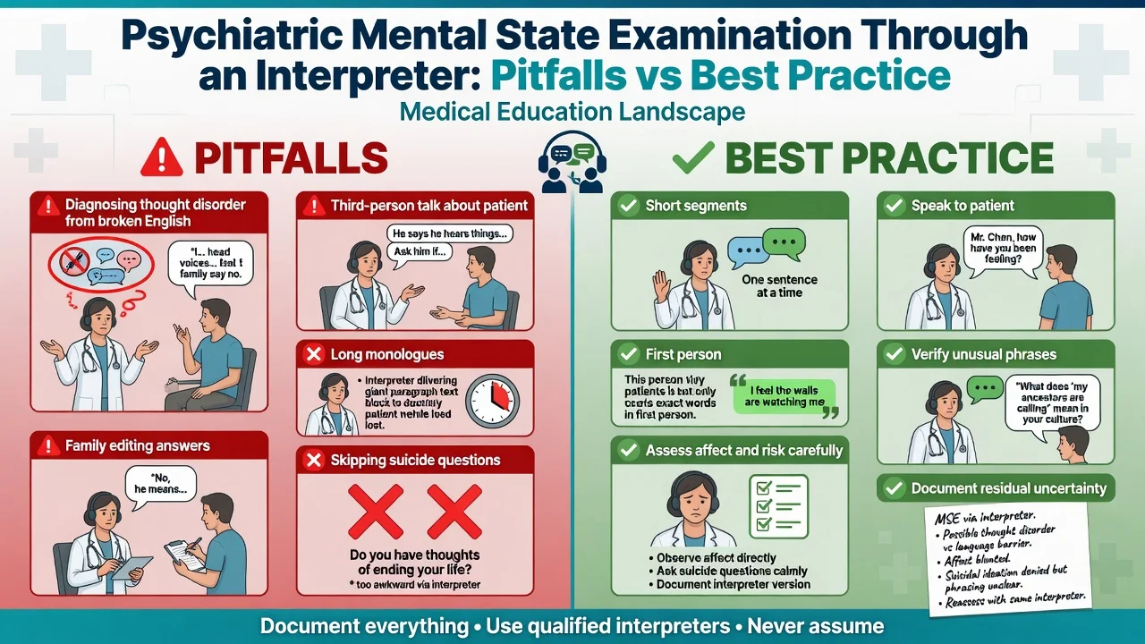 Split infographic of MSE pitfalls versus best practice when assessing mental state with an interpreter