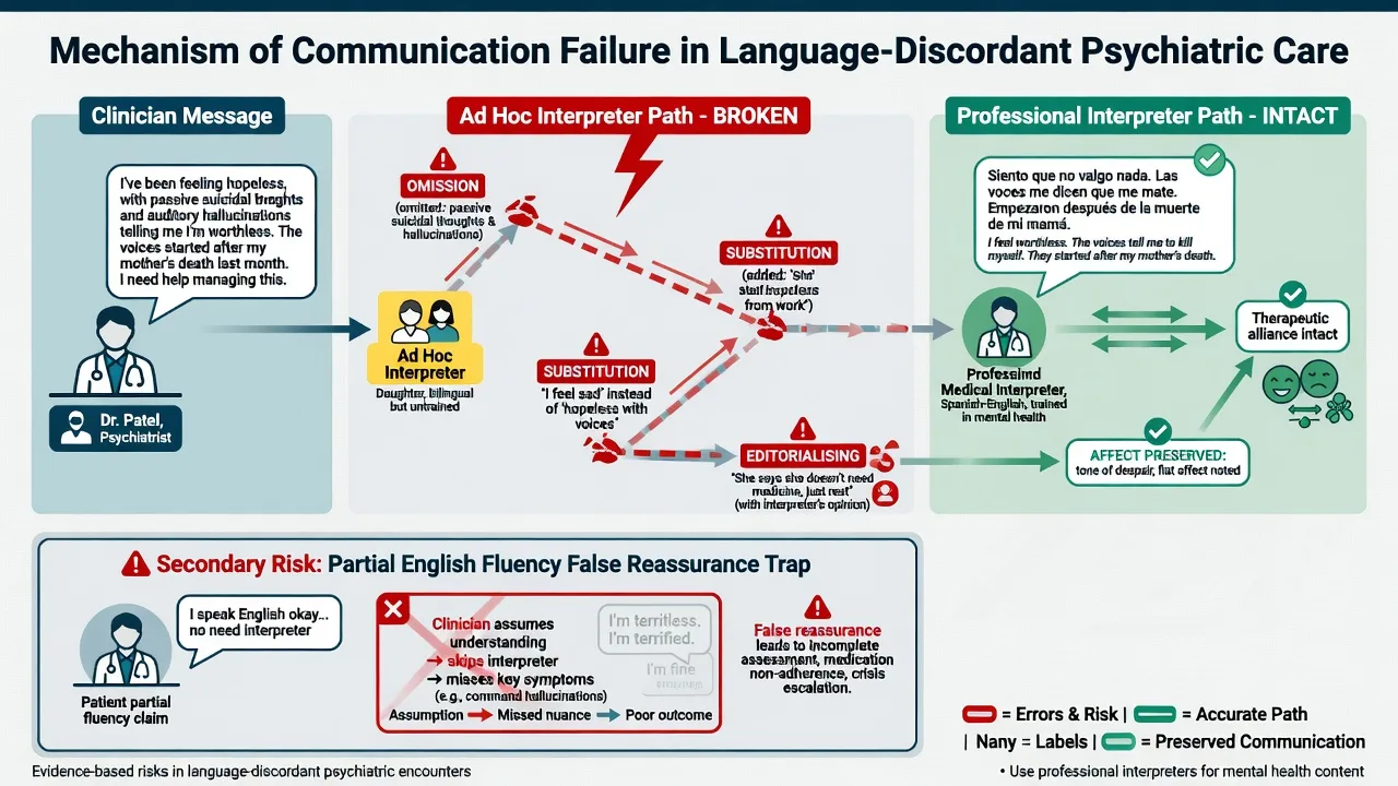 Diagram comparing ad hoc interpreter error pathway with professional interpreter accurate bidirectional communication