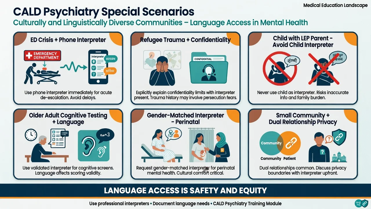 Six-tile grid of CALD psychiatry scenarios including ED phone interpreter, refugee confidentiality, child LEP parent, older adult testing, perinatal gender match, small community privacy