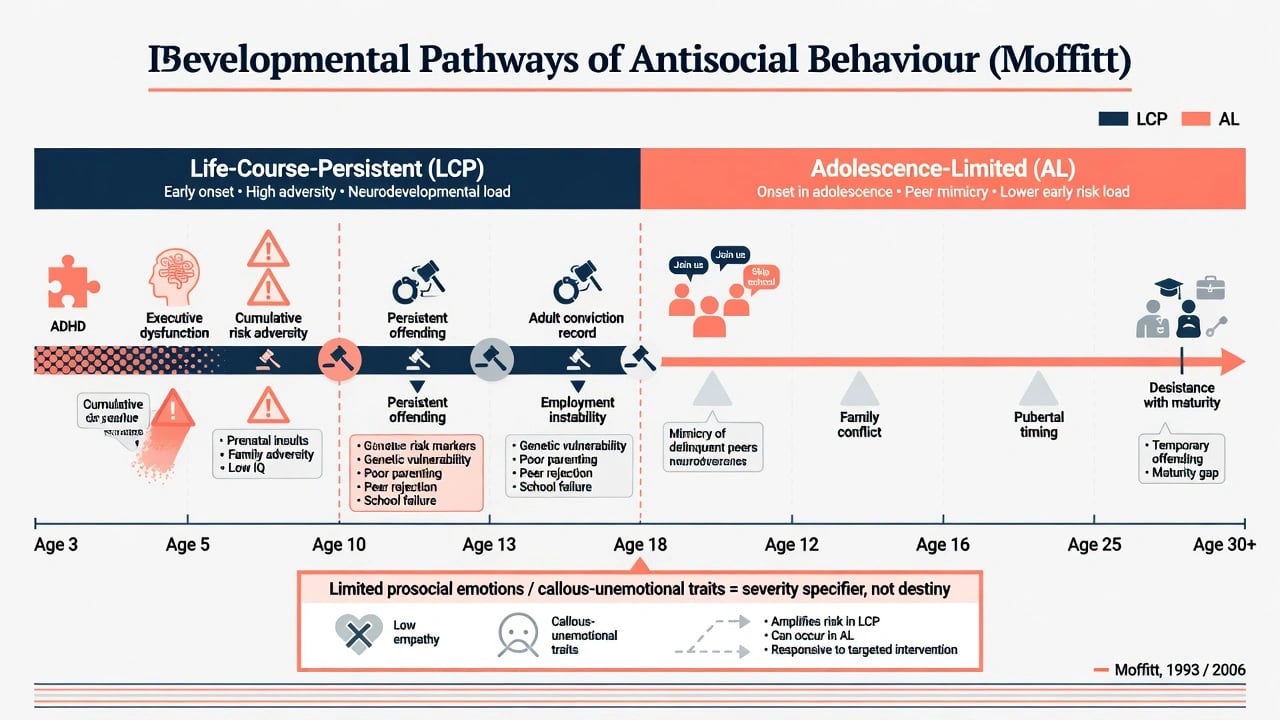Educational timeline comparing Moffitt life-course-persistent and adolescence-limited antisocial pathways with limited prosocial emotions as a severity specifier