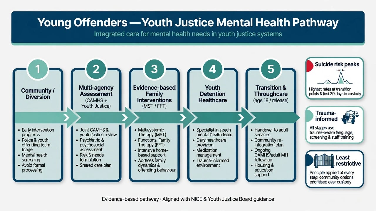 Five-step youth justice mental health pathway from community diversion through multi-agency assessment, MST/FFT interventions, detention healthcare, and transition throughcare