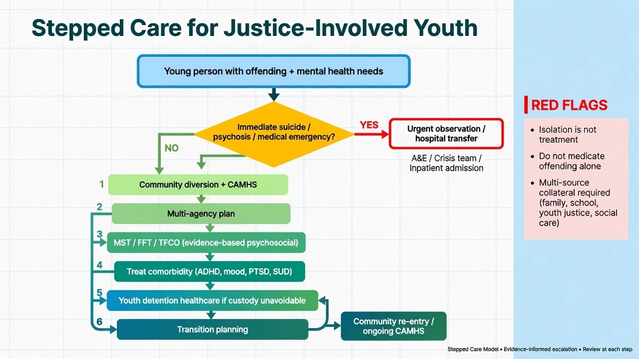 Stepped care algorithm for justice-involved youth from emergency branch through diversion, MST/FFT/TFCO, comorbidity treatment, detention healthcare, and transition