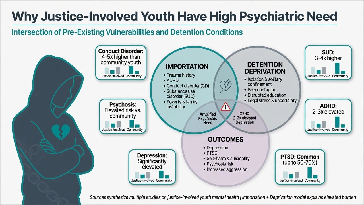 Importation and detention deprivation model showing why justice-involved youth have high psychiatric need with comorbidity callouts