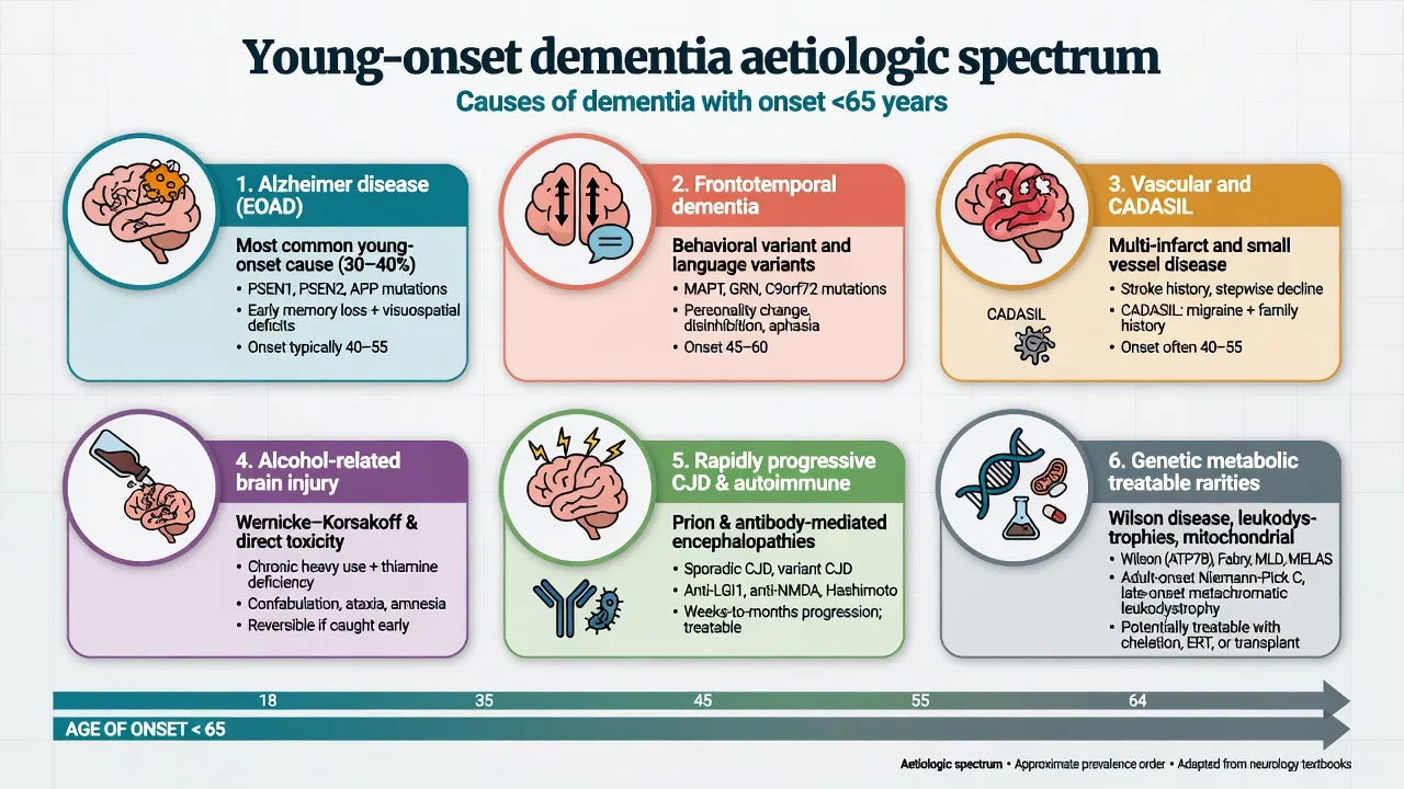 Classification of young-onset dementia aetiologic spectrum including EOAD FTD vascular alcohol rapid and genetic-metabolic causes