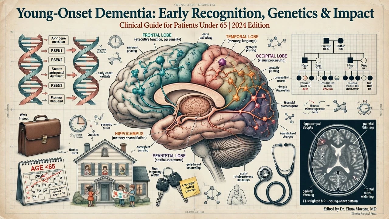 Educational overview of young-onset dementia showing brain networks age under 65 genetics and working-age life impact