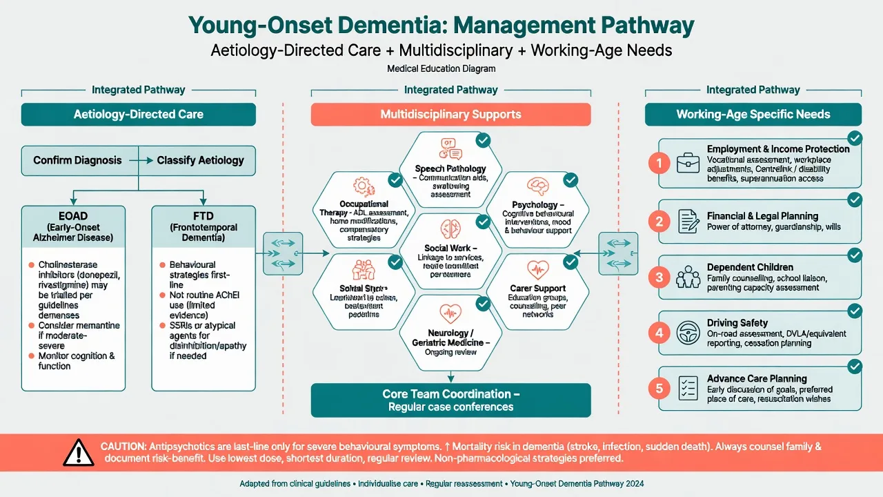 Management pathway for young-onset dementia covering aetiology-directed drugs multidisciplinary care and working-age psychosocial needs