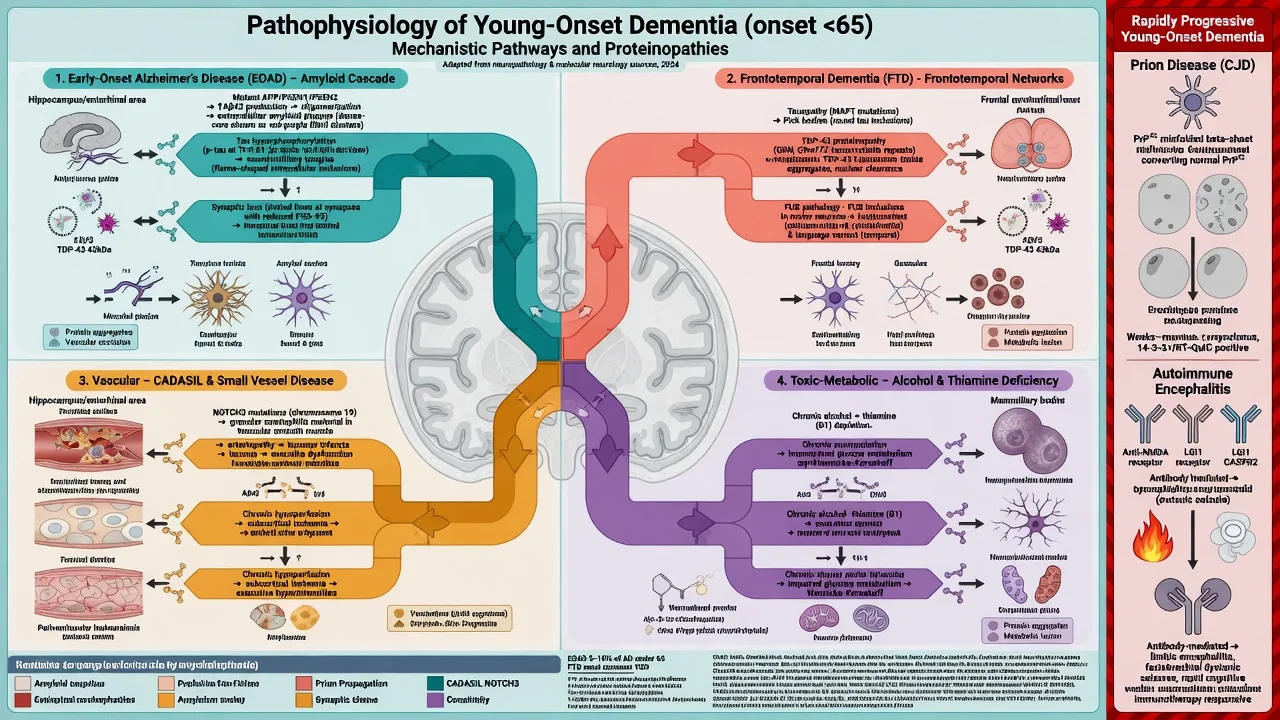 Pathophysiology map of young-onset dementia including EOAD genetics FTD proteinopathies vascular alcohol and rapid inflammatory prion pathways