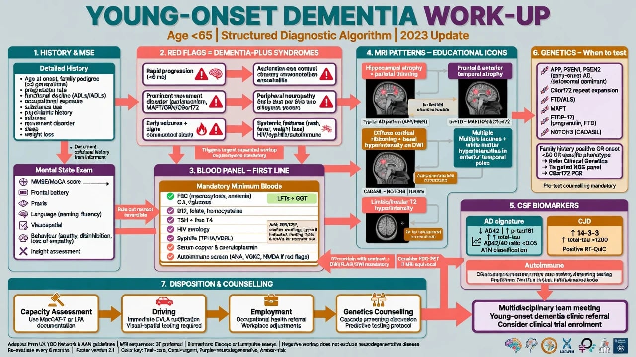 Diagnostic work-up algorithm for young-onset dementia from clinical suspicion through bloods MRI CSF genetics and disposition