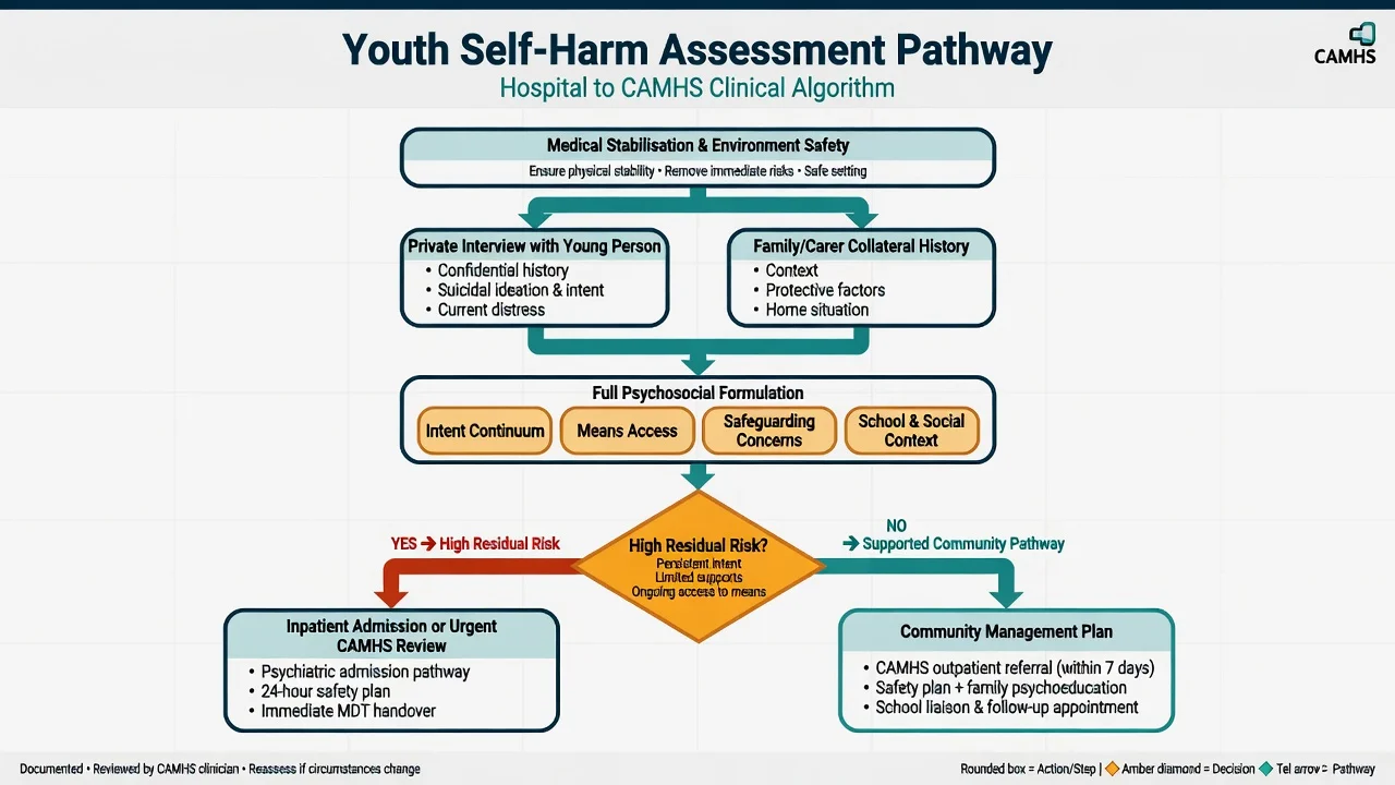 Flowchart from medical stabilisation through private youth interview and family collateral to high-risk versus supported CAMHS pathways
