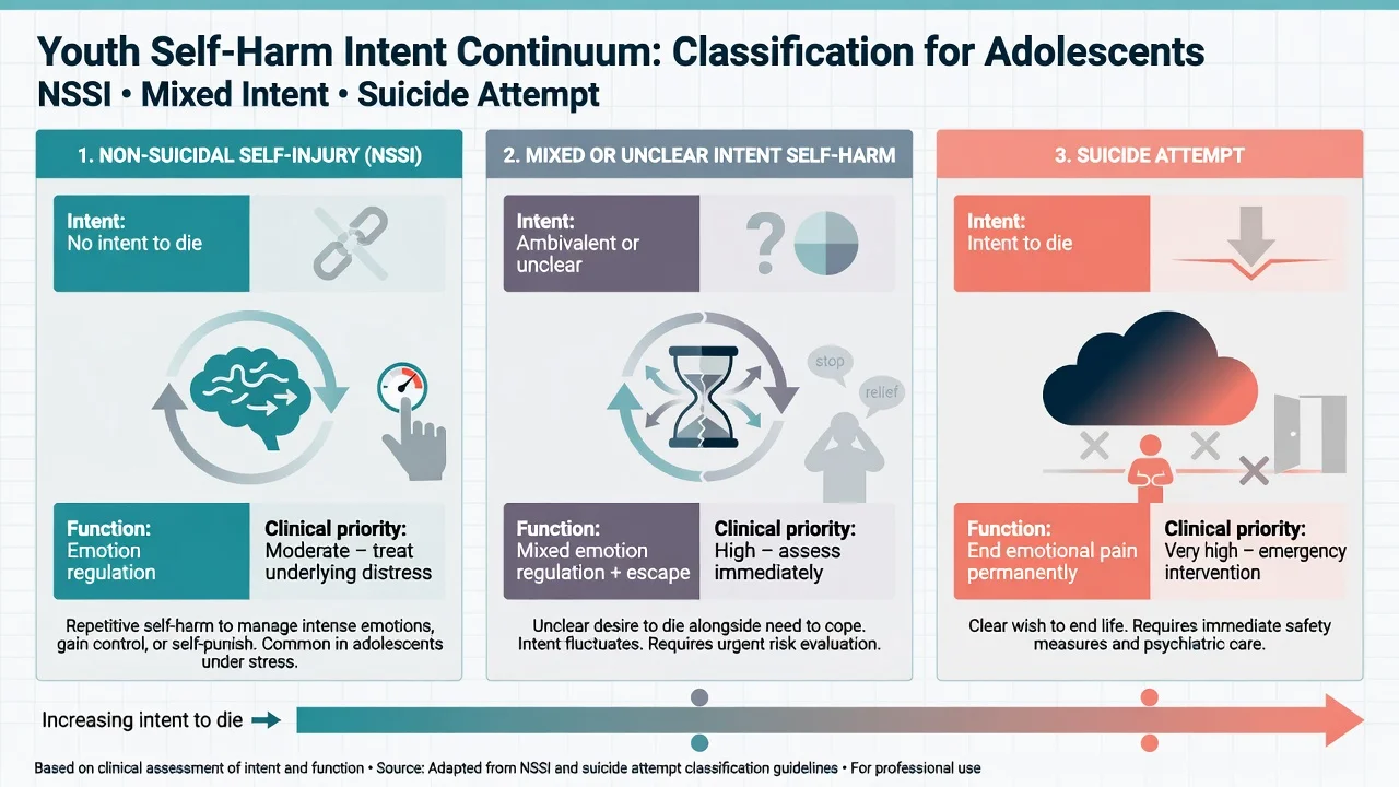 Three-panel continuum comparing adolescent NSSI, mixed or unclear intent self-harm, and suicide attempt by intent and function