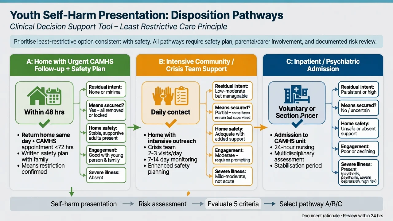 Three disposition pathways after youth self-harm: home with urgent CAMHS, intensive community crisis support, and inpatient care