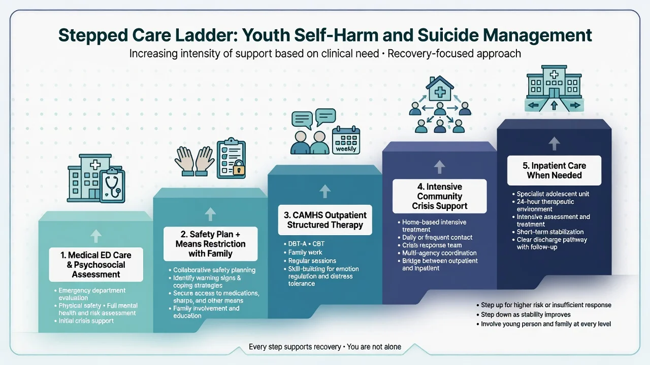 Stepped care ladder from medical ED care through safety planning and CAMHS therapy to intensive community and inpatient care