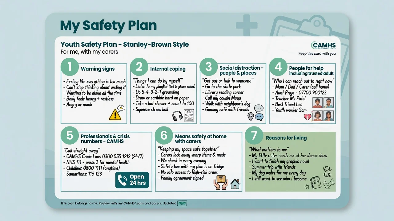Seven-step youth-adapted safety planning card including trusted adults, CAMHS crisis contacts, and carer means safety
