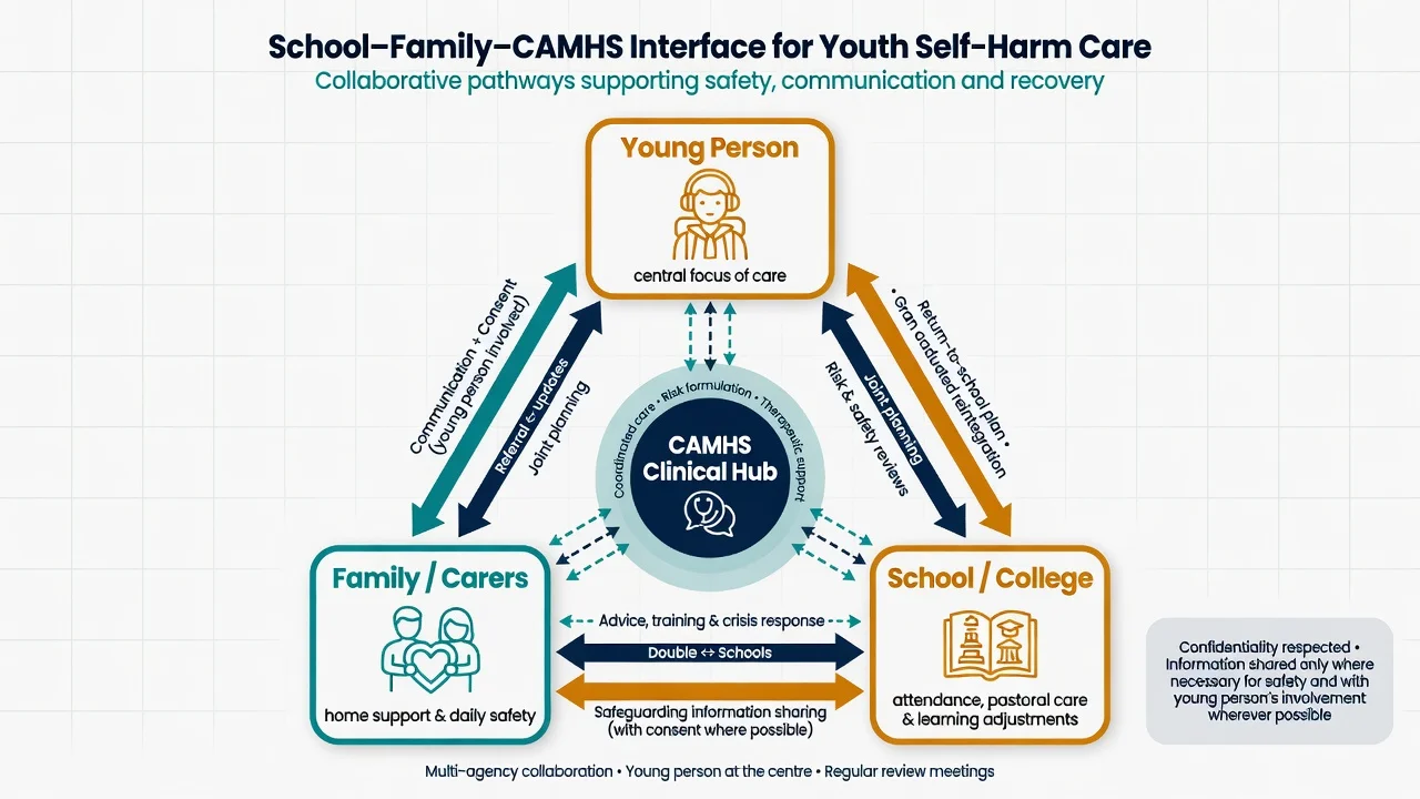 Triangle diagram linking young person, family carers, and school with CAMHS clinical hub in the centre