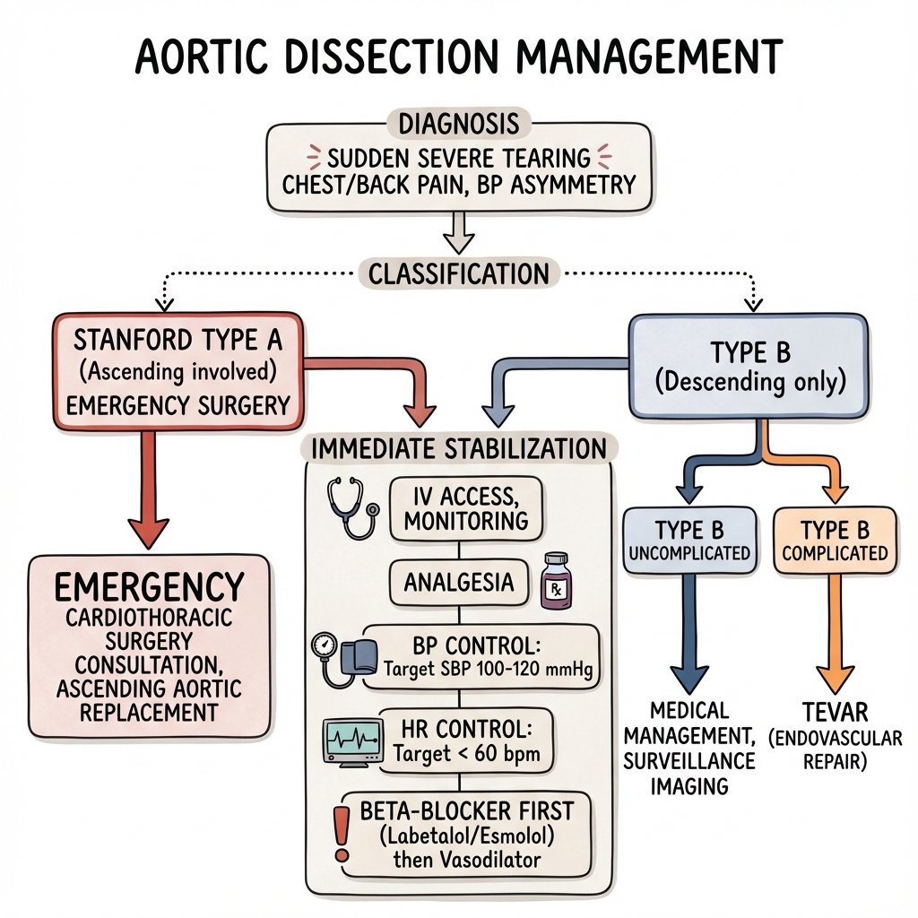 Aortic Dissection Management Algorithm - showing Stanford classification and treatment pathways